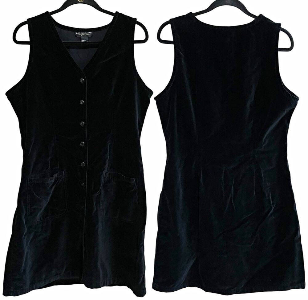 Vintage 90s Black Velvet Pinafore Jumper Dress Rachel Green Inspired - Size 12